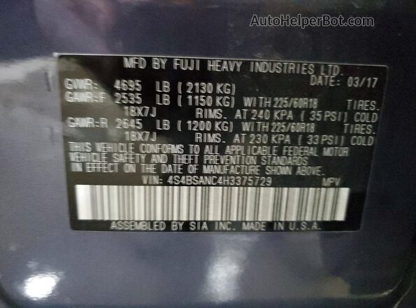 4S4BSANC4H3375729 2017 SUBARU OUTBACK Blue Vista interior de 360 grados