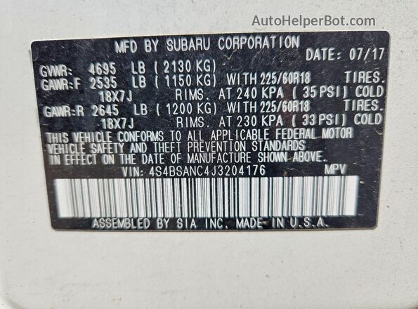 4S4BSANC4J3204176 2018 SUBARU OUTBACK White VIN კოდის სტიკერის ხედი