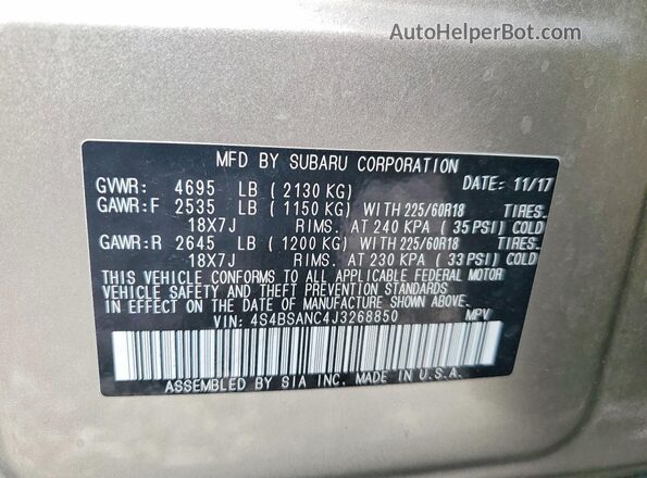 4S4BSANC4J3268850 2018 SUBARU OUTBACK Бежевый Вид наклейки с VIN-кодом