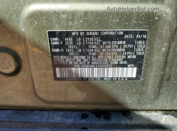 4S4BSANC4J3349833 2018 SUBARU OUTBACK Green VIN կոդի պիտակի տեսք
