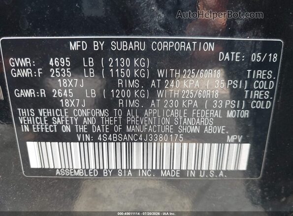 4S4BSANC4J3380175 2018 SUBARU OUTBACK Black Engine compartment view