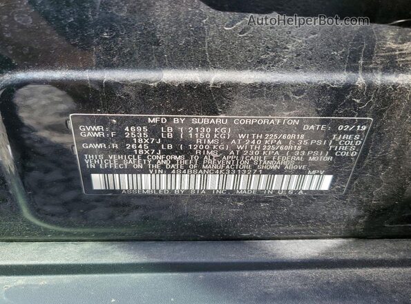 4S4BSANC4K3313271 2019 SUBARU OUTBACK Black VIN კოდის სტიკერის ხედი