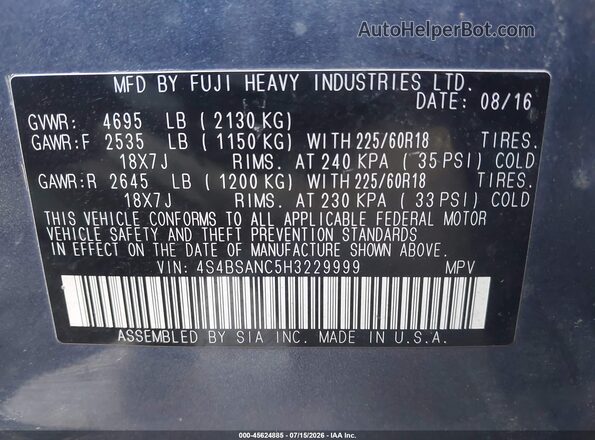 4S4BSANC5H3229999 2017 SUBARU OUTBACK Blue Vista del compartimento del motor