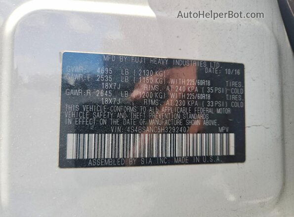 4S4BSANC5H3292407 2017 SUBARU OUTBACK White Widok naklejki z numerem VIN