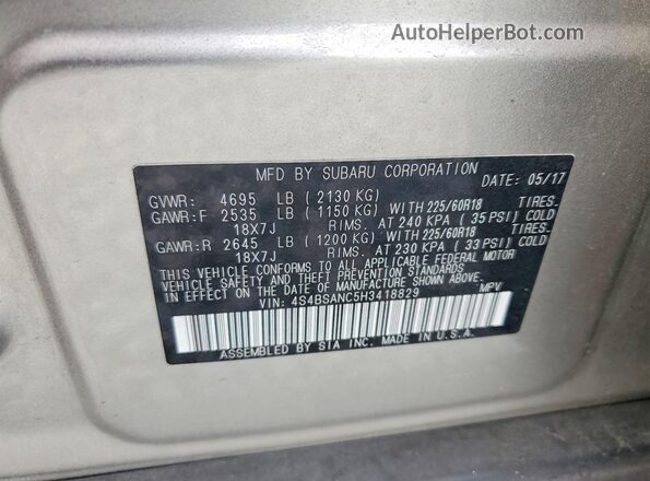 4S4BSANC5H3418829 2017 SUBARU OUTBACK Silver Engine compartment view
