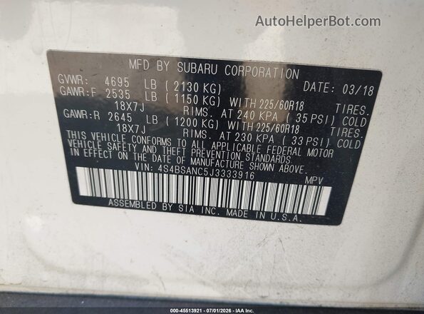4S4BSANC5J3333916 2018 SUBARU OUTBACK White Engine compartment view
