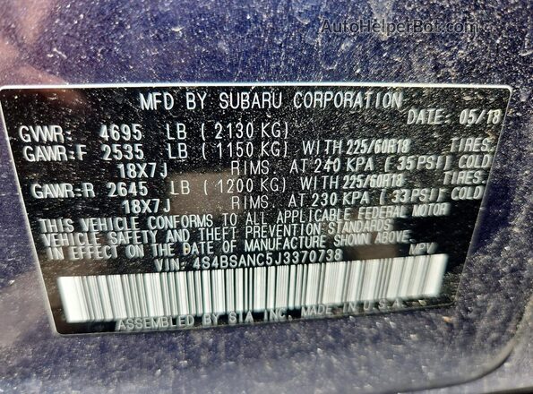 4S4BSANC5J3370738 2018 SUBARU OUTBACK Blue 360 interior view