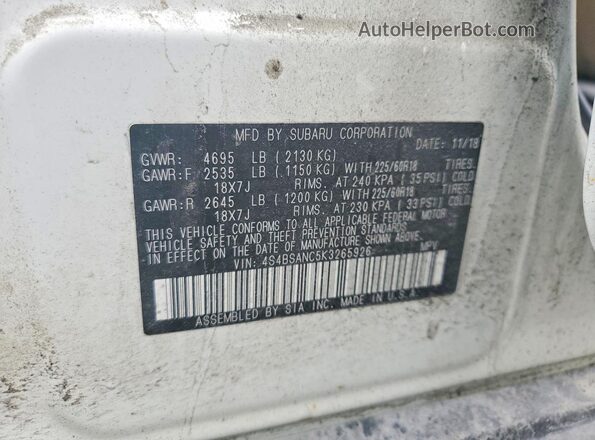 4S4BSANC5K3265926 2019 SUBARU OUTBACK Белый Панорамный вид салона 360°