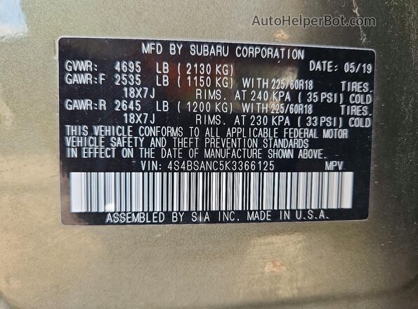 4S4BSANC5K3366125 2019 SUBARU OUTBACK Green Widok naklejki z numerem VIN