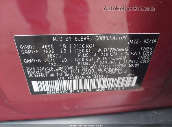 4S4BSANC5K3369333 2019 SUBARU OUTBACK Red Engine compartment view