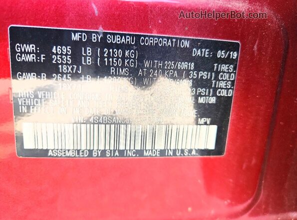 4S4BSANC5K3372586 2019 SUBARU OUTBACK Red Շարժիչի բաժամունքի տեսք