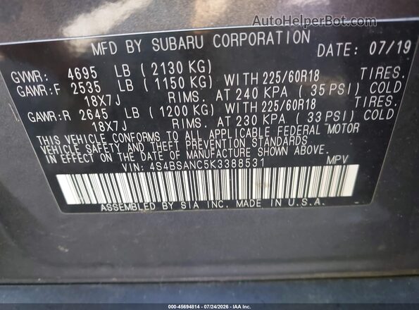 4S4BSANC5K3388531 2019 SUBARU OUTBACK Gray ძრავის განყოფილების ხედი