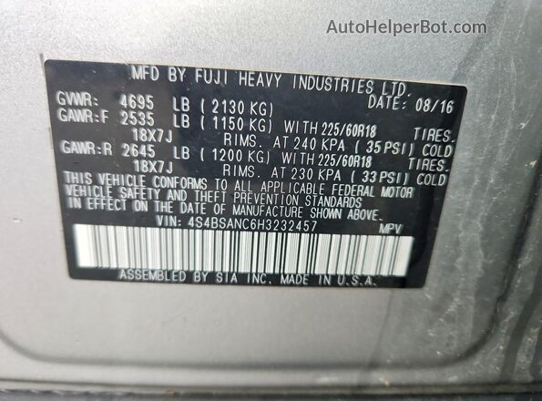 4S4BSANC6H3232457 2017 SUBARU OUTBACK Blue Vista de la etiqueta del VIN