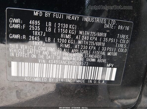 4S4BSANC6H3269573 2017 SUBARU OUTBACK Черный Вид подкапотного пространства