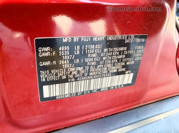 4S4BSANC6H3276443 2017 SUBARU OUTBACK Red Вид наклейки з VIN-кодом