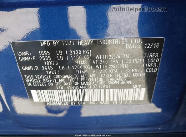 4S4BSANC6H3317654 2017 SUBARU OUTBACK Dark Blue Engine compartment view