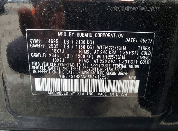 4S4BSANC6H3418256 2017 SUBARU OUTBACK Black Widok naklejki z numerem VIN