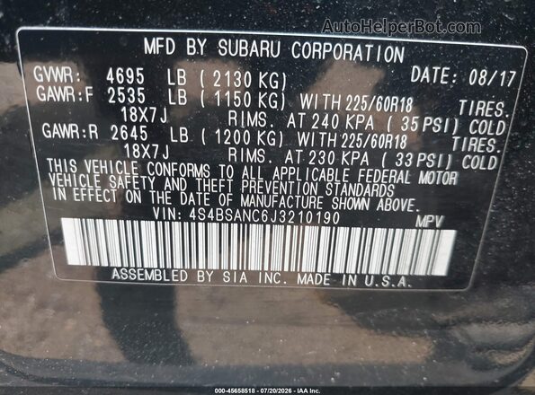 4S4BSANC6J3210190 2018 SUBARU OUTBACK Black Widok komory silnika