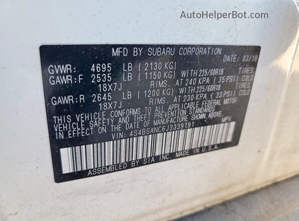 4S4BSANC6J3339191 2018 SUBARU OUTBACK White VIN sticker view