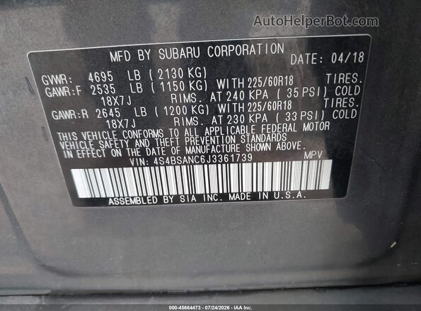 4S4BSANC6J3361739 2018 SUBARU OUTBACK Gray Շարժիչի բաժամունքի տեսք