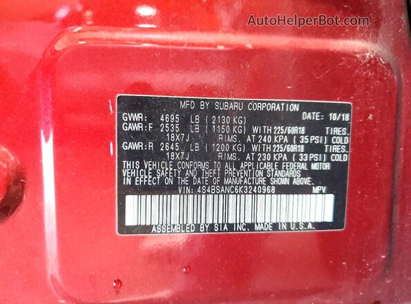 4S4BSANC6K3240968 2019 SUBARU OUTBACK Red VIN sticker view
