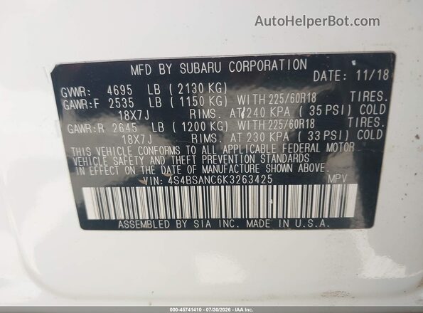 4S4BSANC6K3263425 2019 SUBARU OUTBACK White Vista del compartimento del motor
