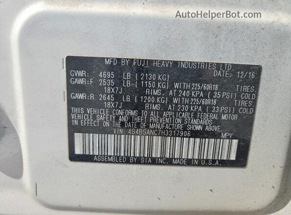 4S4BSANC7H3317906 2017 SUBARU OUTBACK White Vista del compartimento del motor