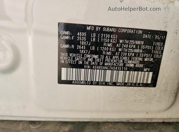 4S4BSANC7H3415110 2017 SUBARU OUTBACK White Շարժիչի բաժամունքի տեսք