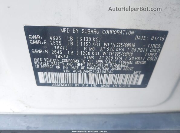 4S4BSANC7J3306040 2018 SUBARU OUTBACK White Вид підкапотного простору