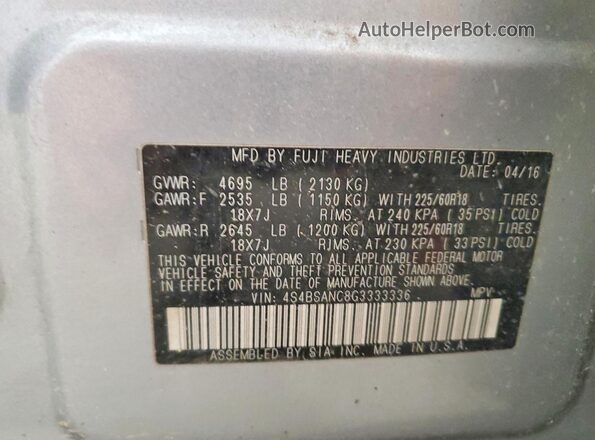 4S4BSANC8G3333336 2016 SUBARU OUTBACK Silver Widok wnętrza 360 stopni