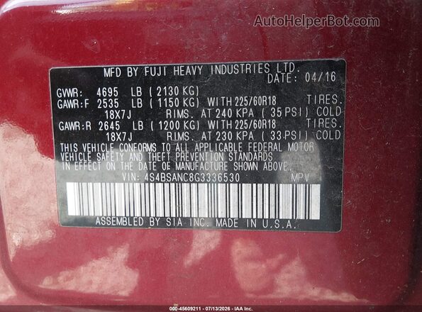 4S4BSANC8G3336530 2016 SUBARU OUTBACK Red Вид підкапотного простору