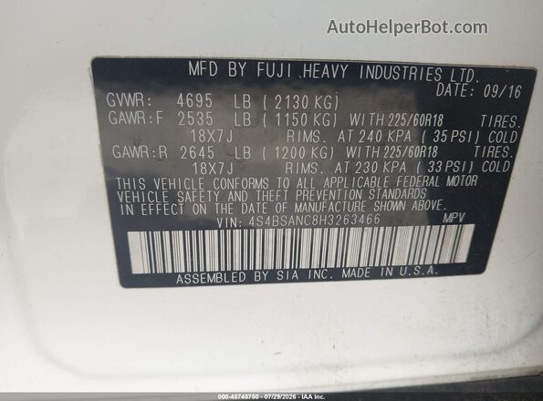 4S4BSANC8H3263466 2017 SUBARU OUTBACK White Widok komory silnika