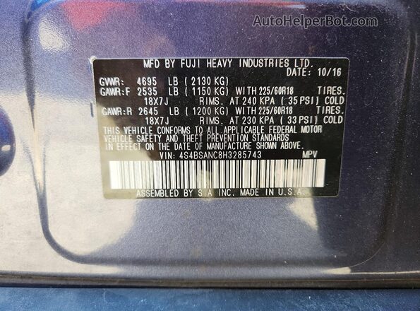 4S4BSANC8H3285743 2017 SUBARU OUTBACK Blue Widok wnętrza 360 stopni