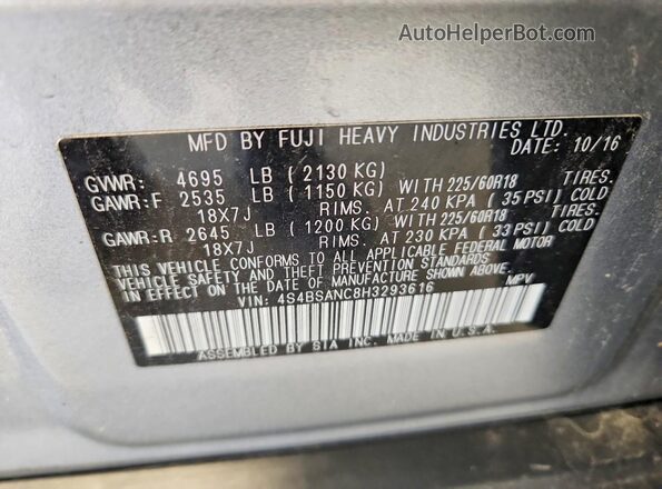 4S4BSANC8H3293616 2017 SUBARU OUTBACK Silver VIN կոդի պիտակի տեսք