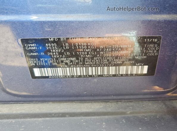 4S4BSANC8H3303707 2017 SUBARU OUTBACK Синий Вид наклейки с VIN-кодом