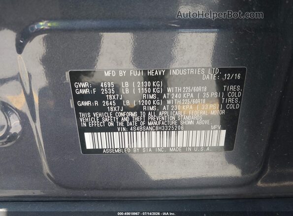 4S4BSANC8H3325206 2017 SUBARU OUTBACK Gray Vista del compartimento del motor