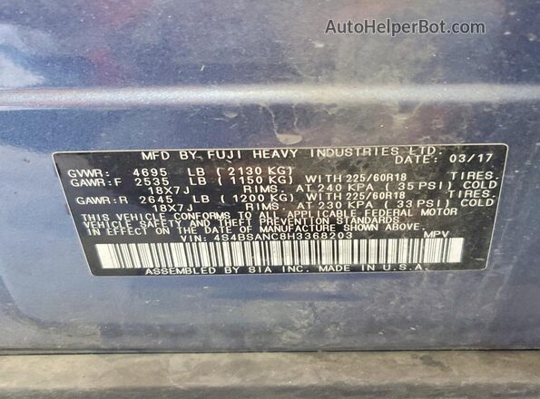4S4BSANC8H3368203 2017 SUBARU OUTBACK Синий Вид наклейки с VIN-кодом