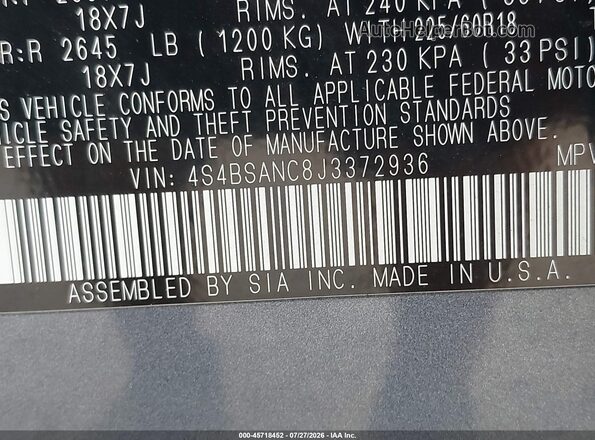 4S4BSANC8J3372936 2018 SUBARU OUTBACK Blue Vista del compartimento del motor