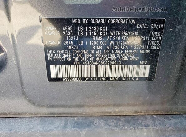 4S4BSANC8K3208913 2019 SUBARU OUTBACK Gray Вид наклейки з VIN-кодом