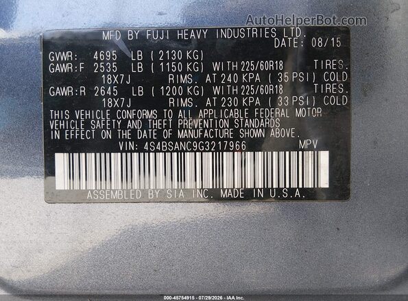4S4BSANC9G3217966 2016 SUBARU OUTBACK Gray Engine compartment view