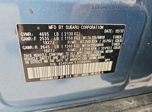 4S4BSANC9J3280444 2018 SUBARU OUTBACK Синий Вид наклейки с VIN-кодом