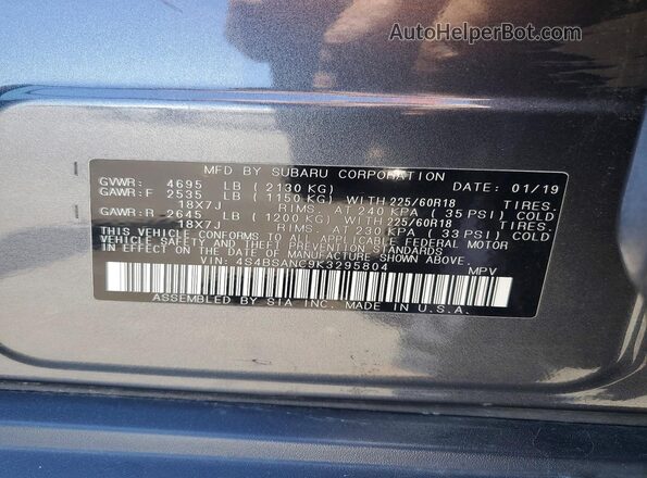 4S4BSANC9K3295804 2019 SUBARU OUTBACK Gray Engine compartment view