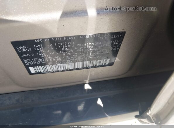 4S4BSANCXG3322211 2016 SUBARU OUTBACK Серебряный Вид подкапотного пространства