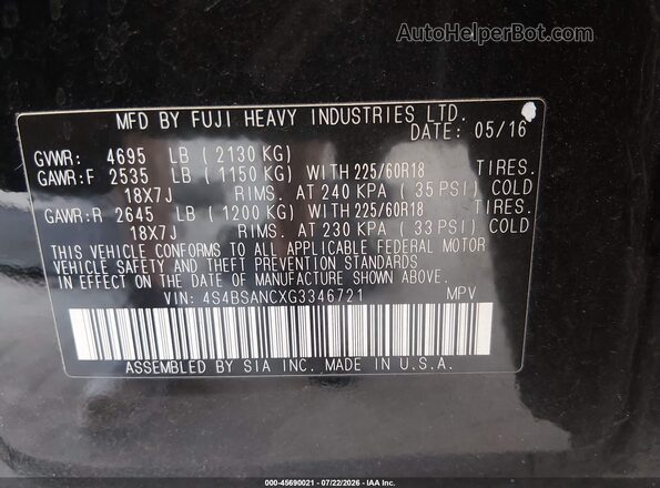4S4BSANCXG3346721 2016 SUBARU OUTBACK Черный Вид подкапотного пространства