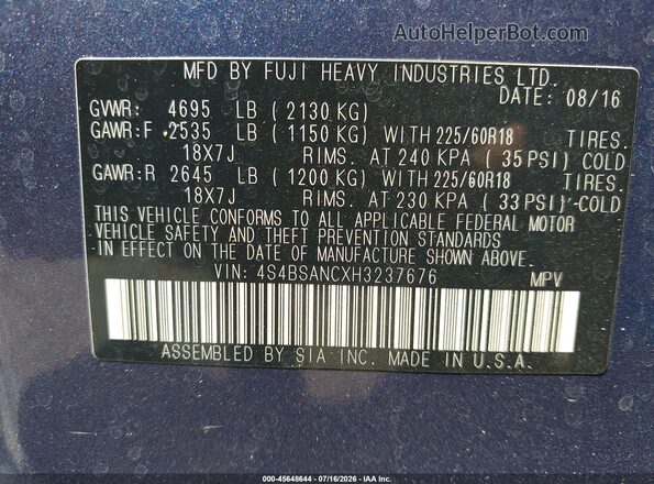 4S4BSANCXH3237676 2017 SUBARU OUTBACK Light Blue Вид подкапотного пространства