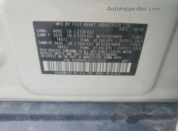 4S4BSANCXH3274548 2017 SUBARU OUTBACK White Вид наклейки з VIN-кодом