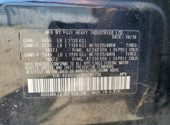 4S4BSANCXH3287798 2017 SUBARU OUTBACK Black VIN კოდის სტიკერის ხედი