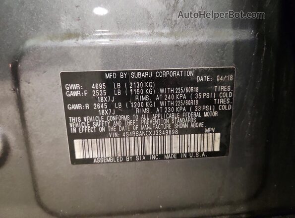 4S4BSANCXJ3349898 2018 SUBARU OUTBACK Серый Вид наклейки с VIN-кодом