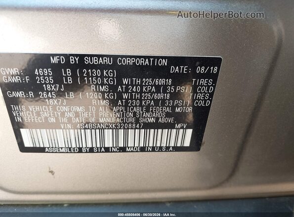 4S4BSANCXK3208847 2019 SUBARU OUTBACK Silver ძრავის განყოფილების ხედი