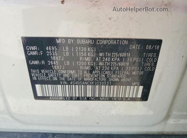 4S4BSANCXK3220531 2019 SUBARU OUTBACK Белый Вид подкапотного пространства